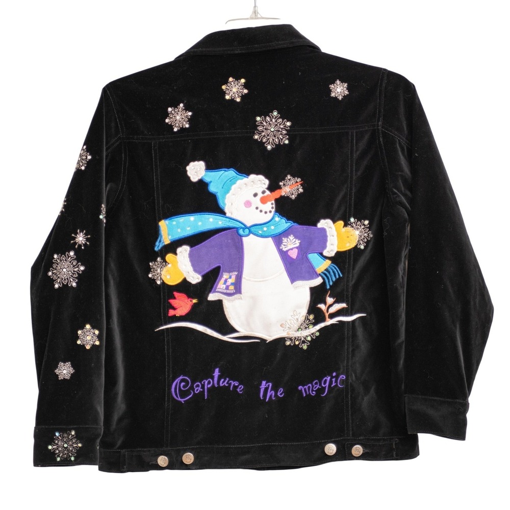 VTG Quacker Factory XS Black Velvet Snowman Christmas Jacket GrandmaCore Festive